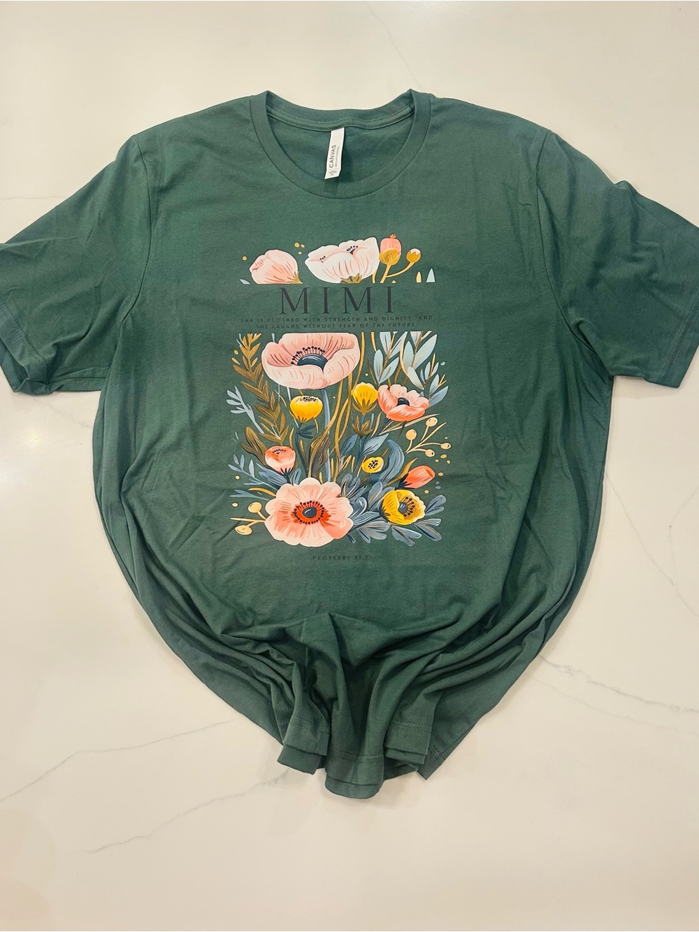 Bella Canvas Forest Green Floral Graphic Tee with Pink & Yellow Blooms